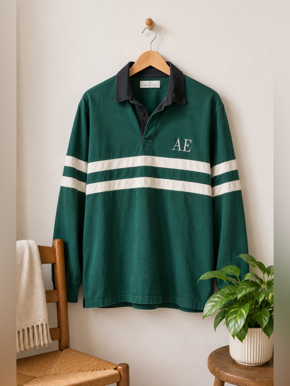 American Eagle Men’s Medium Green Rugby Shirt Long Sleeve Striped Preppy Cotton